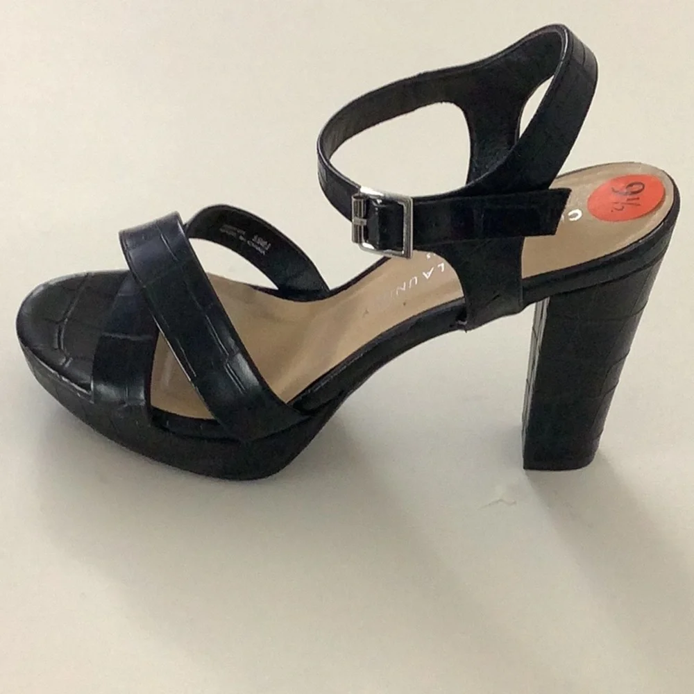 Chinese Laundry Black Platform Ankle Strap Sandals 4” Heel Patchwork Design. New